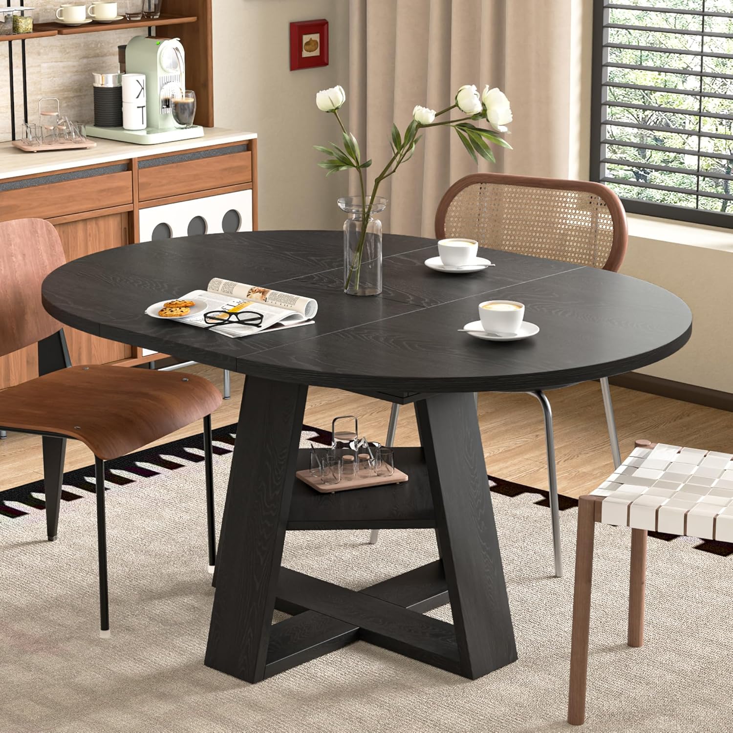 43.3in-59in Extendable Round Dining Table for 4-8,Modern Kitchen Oval Dining Table with Removable Leaves Space Saving,Wood Base with Storage Shelf for Kitchen Living Room (Black)